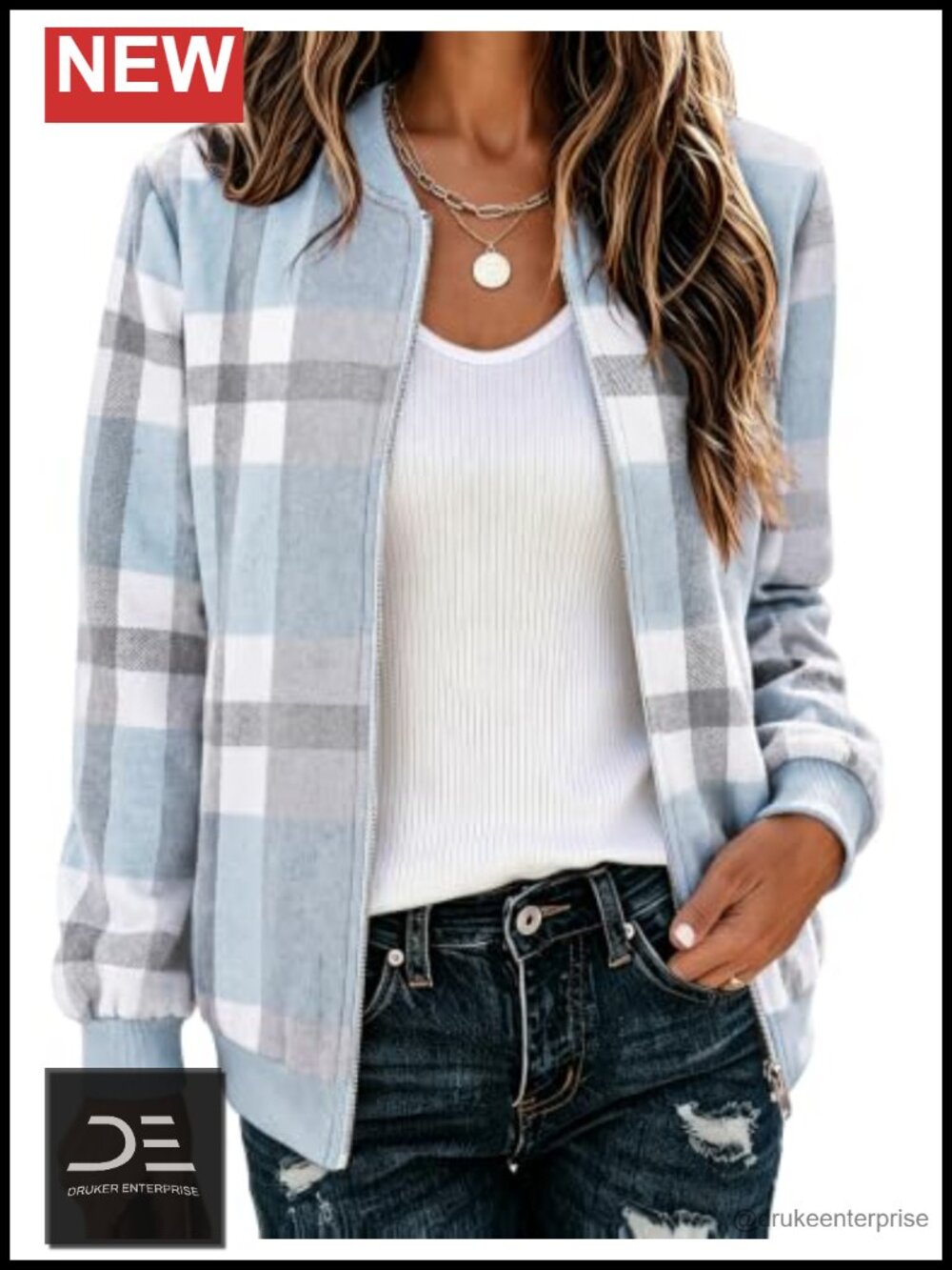 Women's Plaid Flannel Bomber Jacket Zip Up Lightweight Cotton Wool Blend Coat